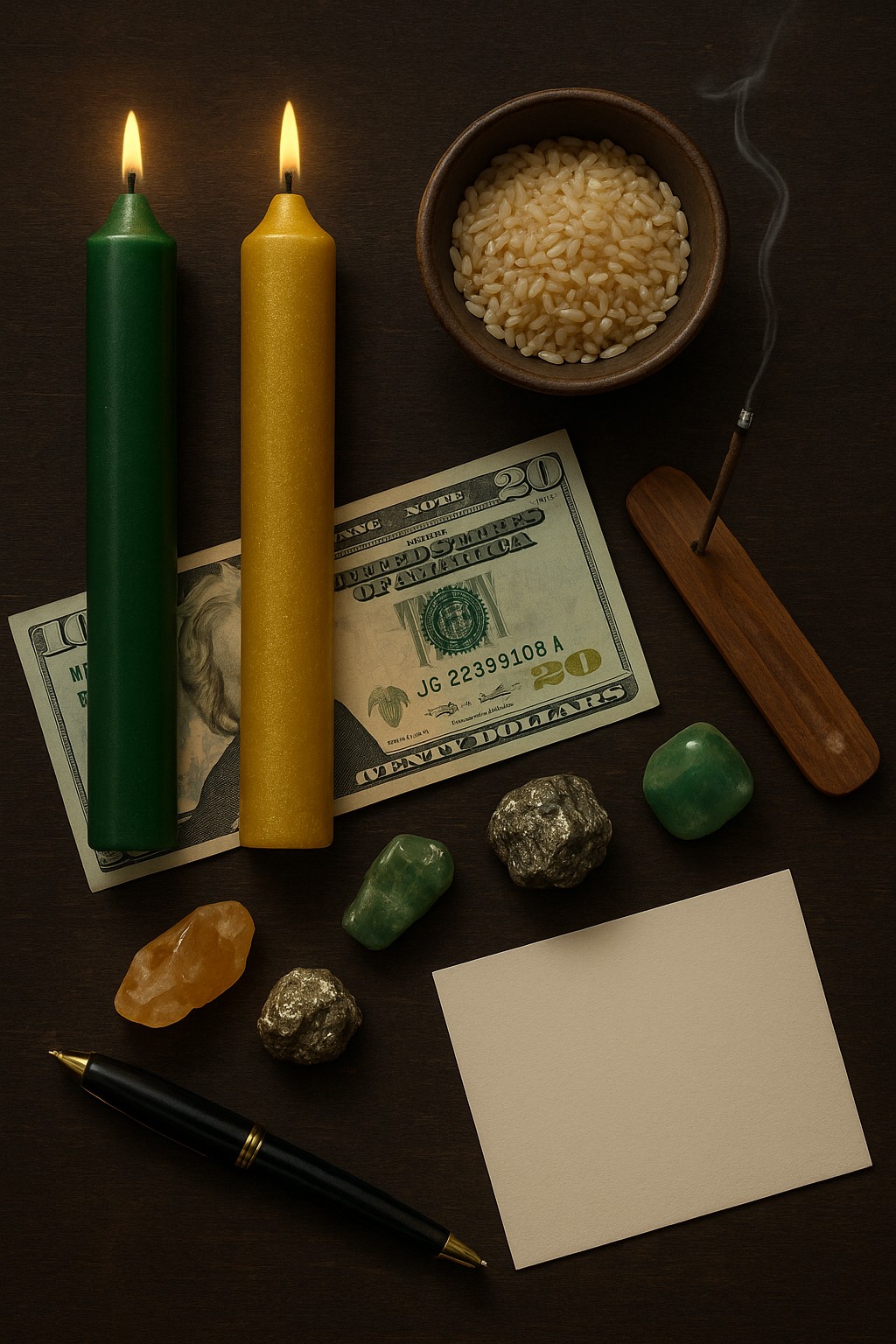 Ingredientes para ritual de abundancia: velas, billete, granos, incienso